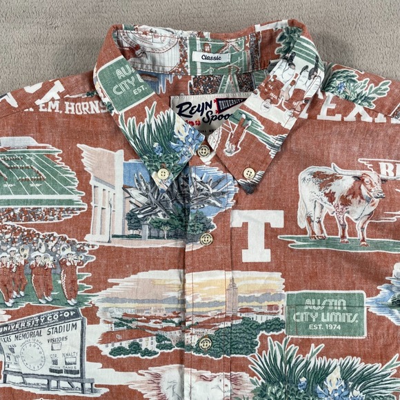 Reyn Spooner x Texas Longhorns Football Shirt Men Large Bevo Reverse Print NWOT
